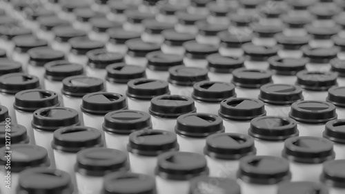 Long Shot of a Massive Array of Black Topped Coffee Cups 