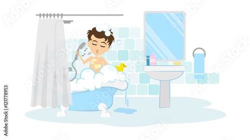 Man takes shower. Happy smiling cartoon man in the tube with foam, bubbles and yellow duck.