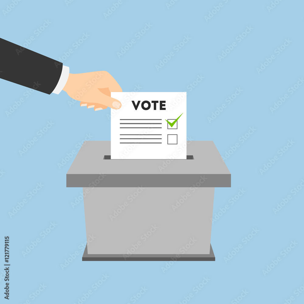 Isolated ballot box with vote paper on blue background. Concept of voting, ellection and balloting. Election campaign.