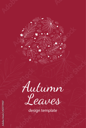 Autumn leaves postcard design template white outline on magenta