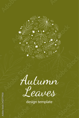 Autumn leaves postcard design template white outline on green