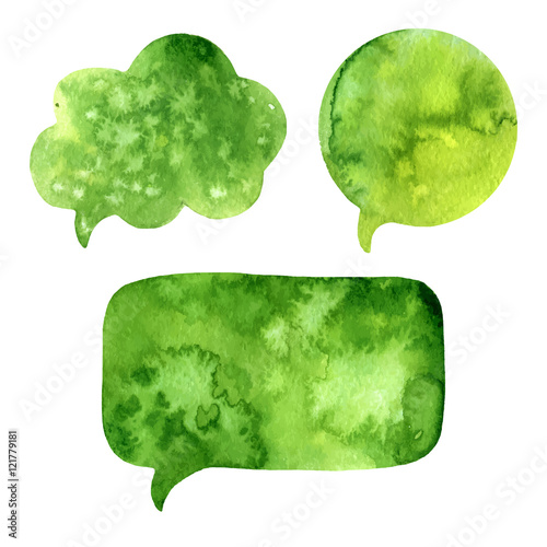 Hand drawn speech bubbles stains for organic product, ecology, nature design. Vector green watercolor rectangles, shapes, bio, eco labels on white background.