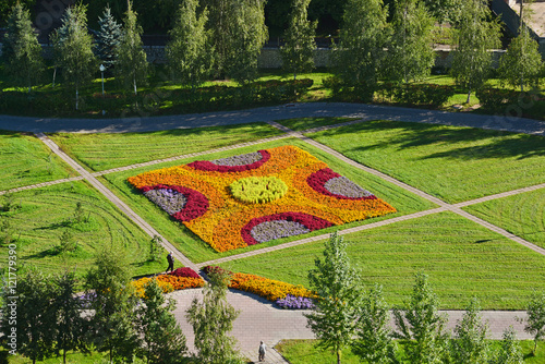 Top view of flowerbed in Zelenograd of Moscow, Russia