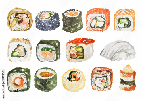 Watercolor sushi set. Different kinds of sushi as rolls, maki and more. Rice and fish.