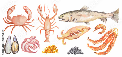 Watercolor seafood set. All kinds of sea animals as lobster, shrimp, salmon and more. Fresh and healthy food.