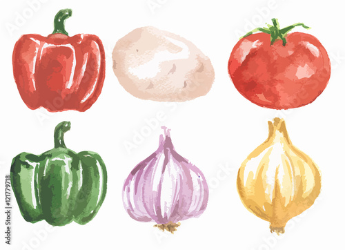 Watercolor vegetables set on white background. Healthy and fresh vegetables for salad, sandwiches or pizza.