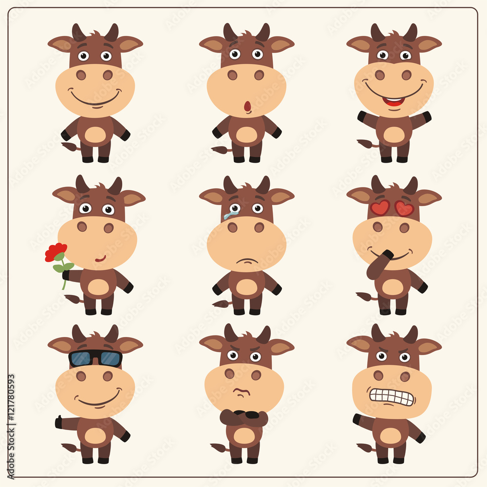 Vector set isolated emotion cow. Collection cute cow in cartoon style.