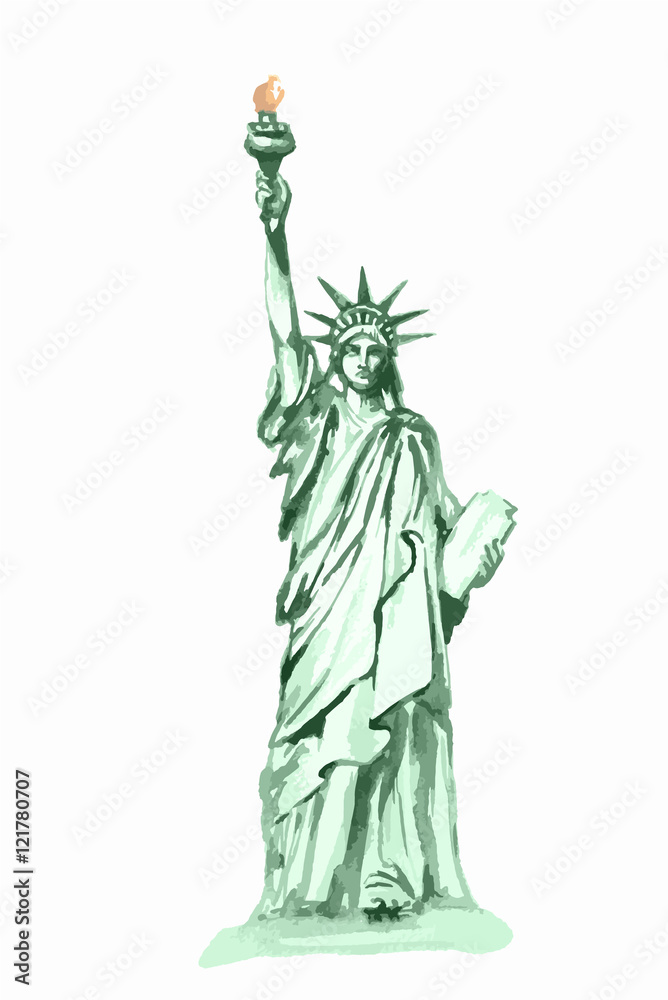 Fototapeta premium Isolated watercolor statue of liberty on white background. Symbol of New York, USA. Beautiful landmark.