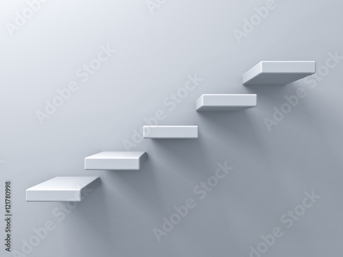 Abstract stairs or steps concept on white wall background with shadow 3D rendering