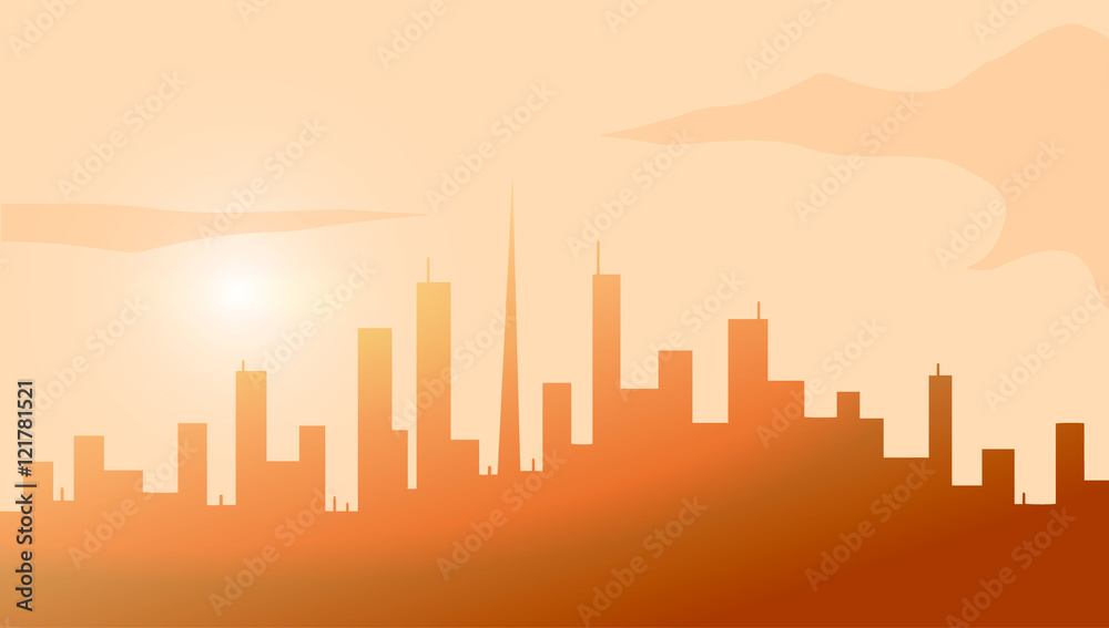 Big city at sunset. Vector illustration.