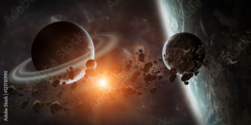 Fototapeta Naklejka Na Ścianę i Meble -  Sunrise over distant planet system in space 3D rendering element