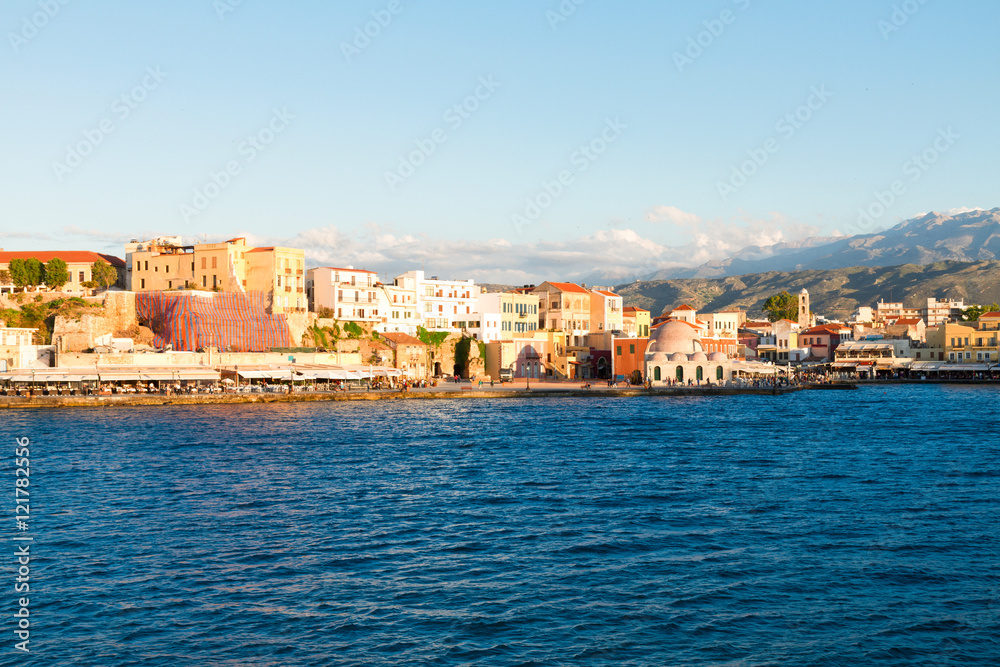 famouse venetian harbor waterfront of Chania at sunny day, Crete, Greece