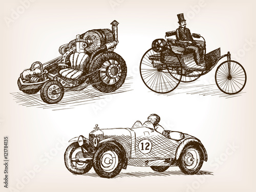 Vintage cars set sketch style vector illustration