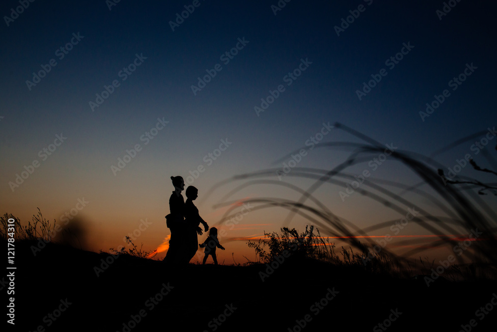 silhouette of a happy family with a child in a field