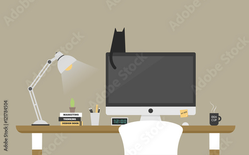 Computer desk workplace concept, Flat design vector illustration