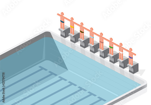 Isometric swimming pool with swimmers. Sportsmen on springboard prepare to swim in water. Race swimmers start to jump. Sport article illustration. Pictogram 3d element. Flatten isolated master vector.