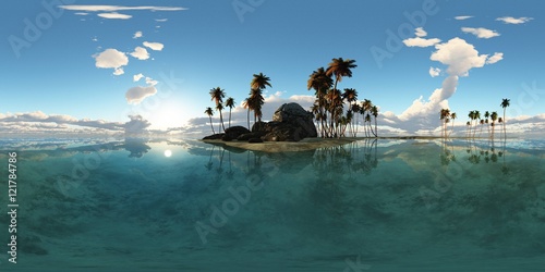 Fototapeta Naklejka Na Ścianę i Meble -  panoramia of tropical island with palms in ocean. made with one