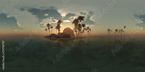 panoramia of tropical island with palms in ocean. made with one