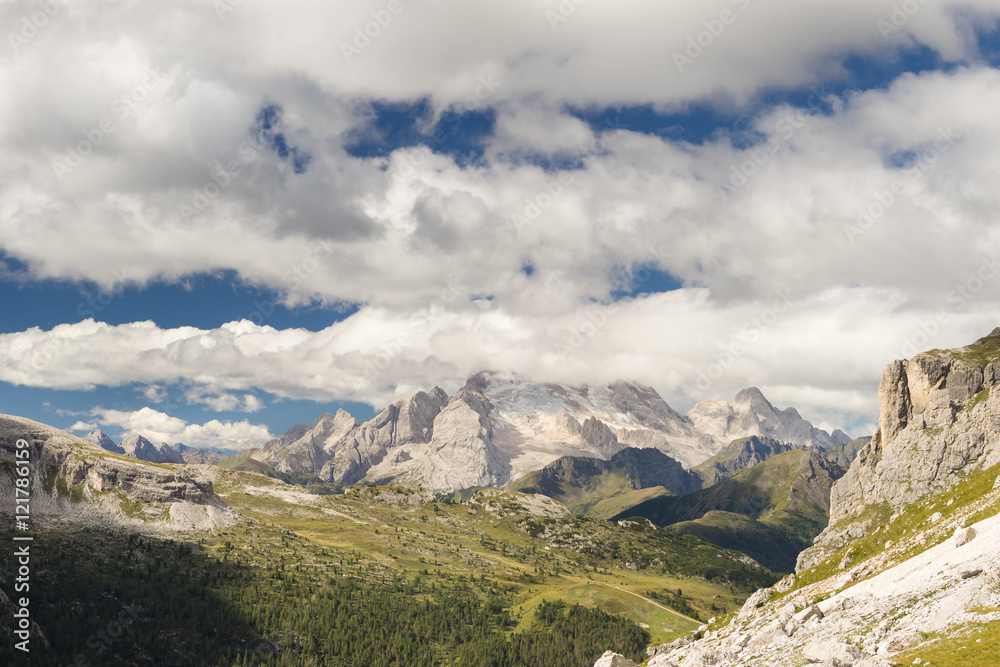 Scenic view of rock formation Marmolada. The highest peak of Italian Dolomites National Park. UNESCO World Heritage Site.