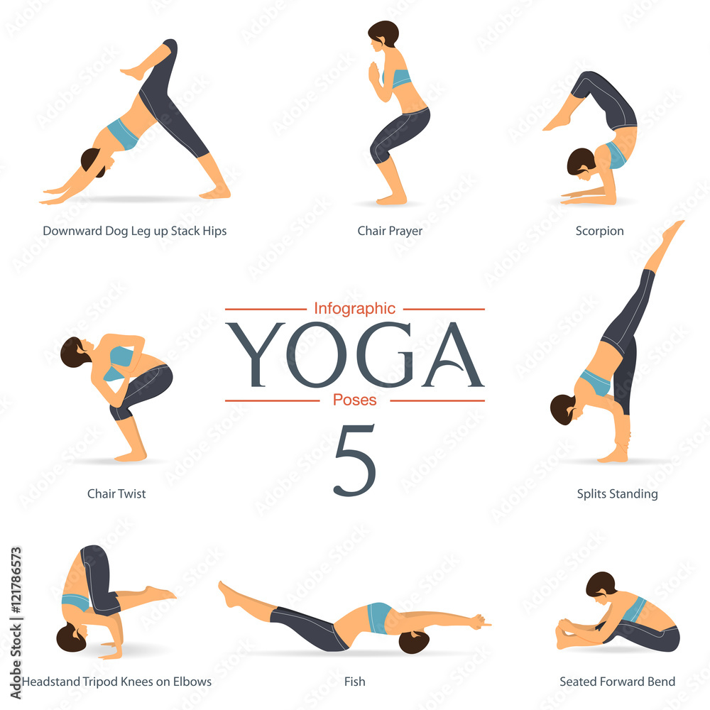 Set of yoga poses in flat design . Yoga infographics. Vector ...