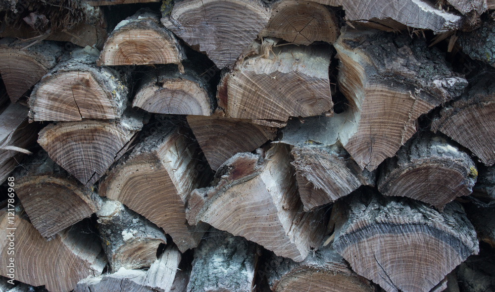 Natural wooden background, closeup of chopped firewood. Firewood