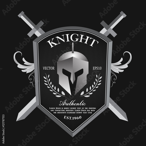 Knight shield and helmet vintage badge logo vector