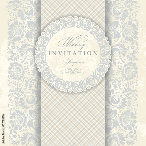 Wedding Invitation cards in an vintage-style blue and beige.