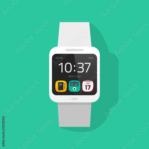 White smart watch vector illustration isolated on colorful background, digital hand clock with touchscreen display and white bracelet, smartwatch flat cartoon style