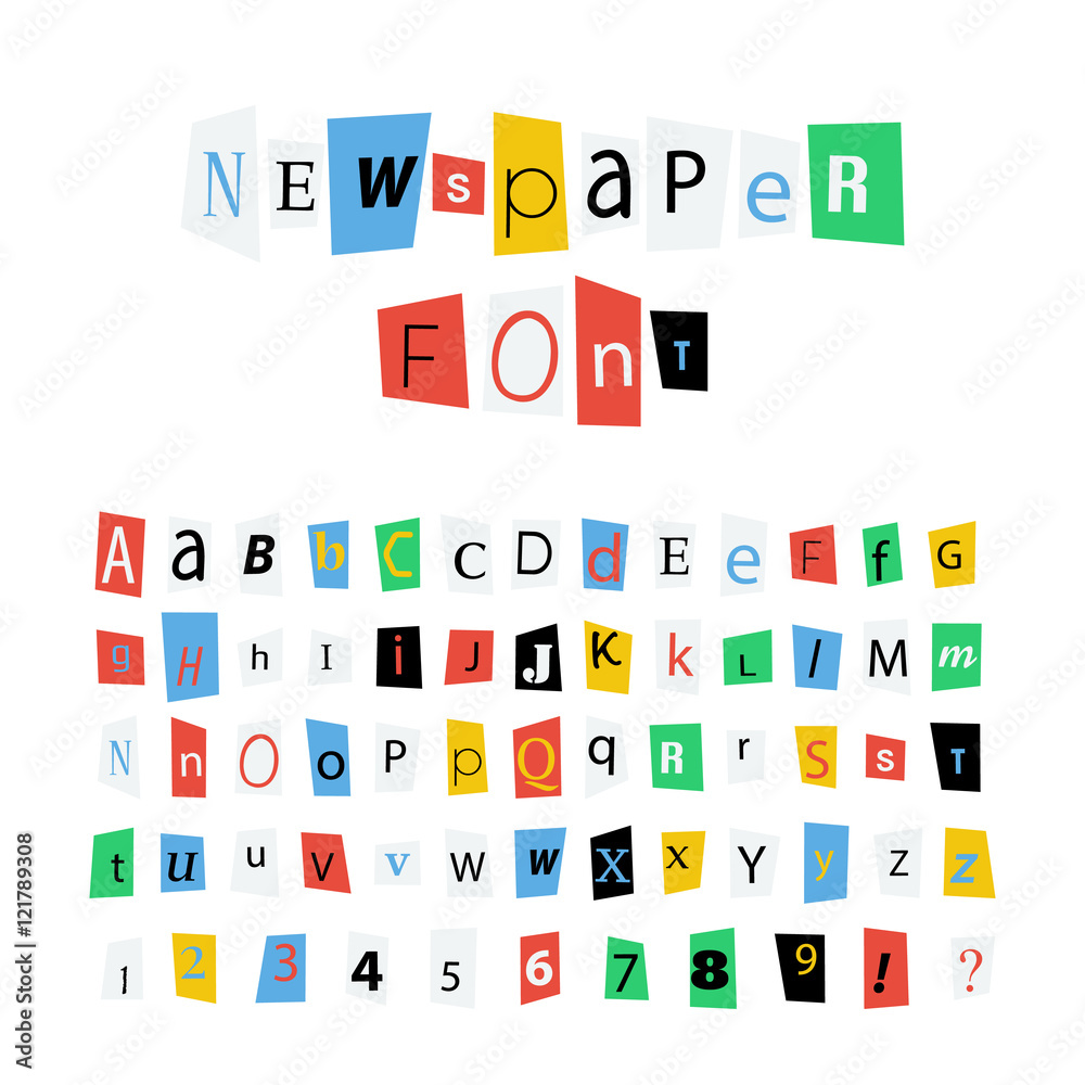 Colorful newspaper letters font, latin alphabet signs and numbers on white