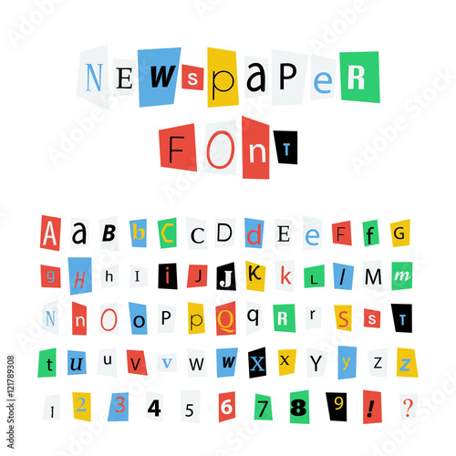 Colorful newspaper letters font, latin alphabet signs and numbers on white
