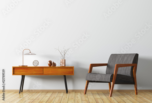 Interior with wooden side table and armchair 3d rendering