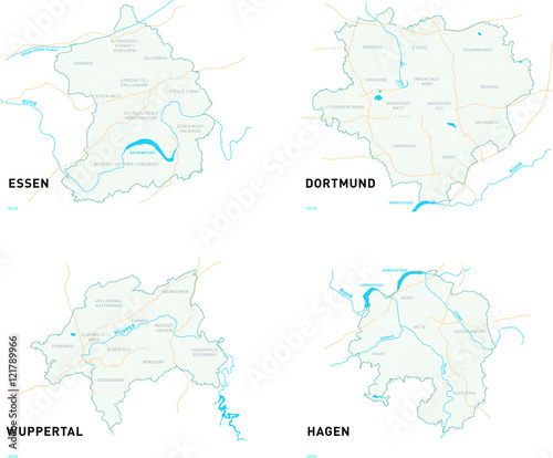 Karten der Städte Dortmund, Essen, Wuppertal und Hagen.