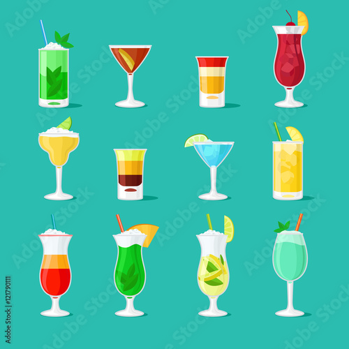 Cocktail vector flat icons. Party drinks glass vector set for bar or pub menu