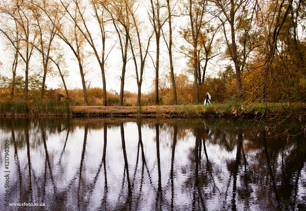 Obraz premium Bride and groom on the forest background