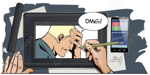 People in retro style. Upset man clutching his head.