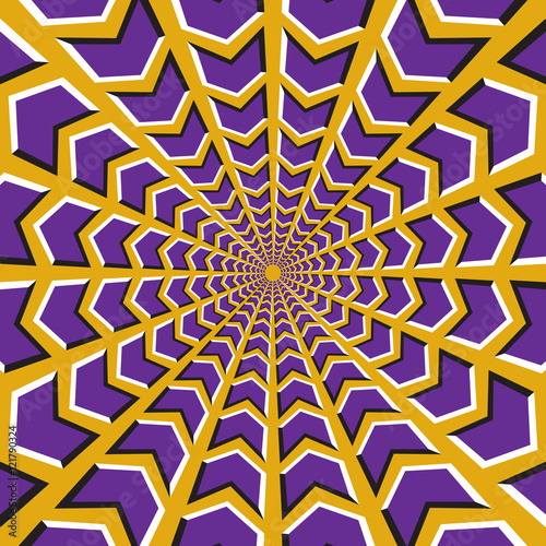 Optical illusion background. Purple arrows fly in two directions to the center and from on yellow background.