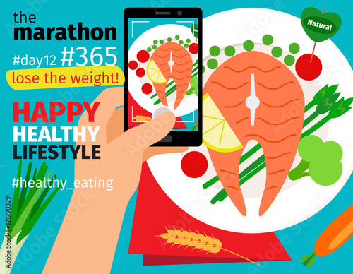 Diet and weight loss marathon. Mobile food photo with calories plan vector illustration