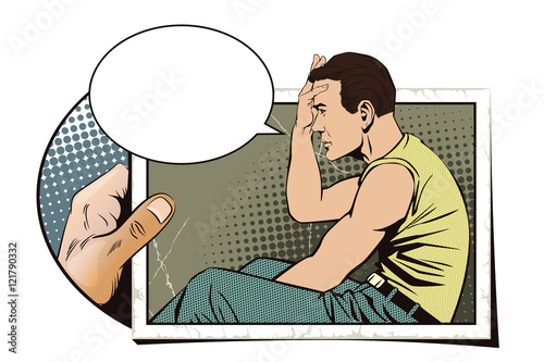 Hand with photo. Upset man clutching his head.