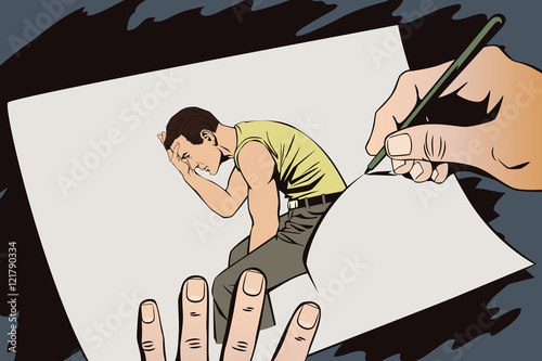 Hand paints picture. Upset man clutching his head.