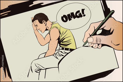 Hand paints picture. Upset man clutching his head.