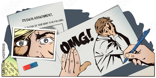 Hand paints picture. Upset man clutching his head.