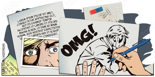 Hand paints picture. Upset man clutching his head.