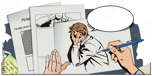 Hand paints picture. Upset man clutching his head.