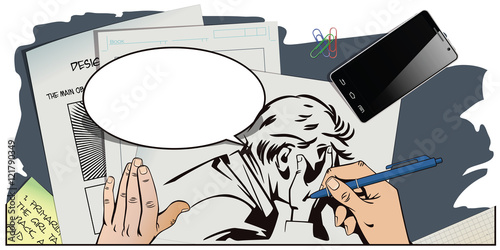 Hand paints picture. Upset man clutching his head.