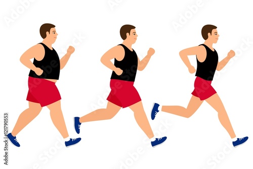Weight loss running man. Fat and slim man before and after jogging vector illustration