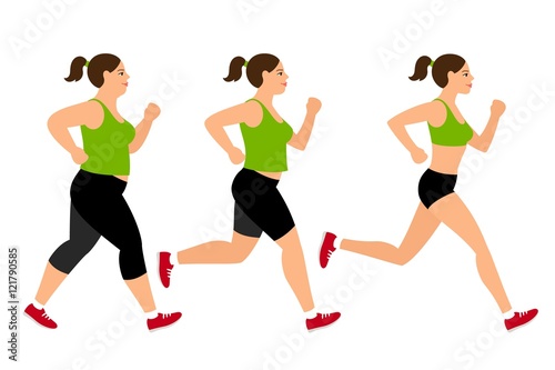 Jogging weight loss woman. Overweight fat lady and fitness slim girl vector illustration