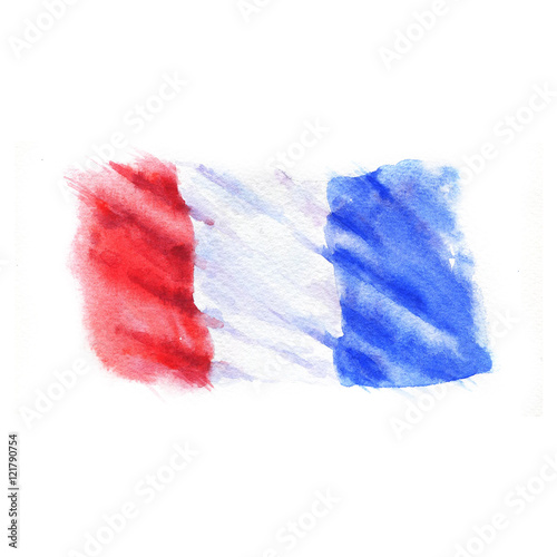 Hand-drawn watercolor flag of the France, isolated on the white background.