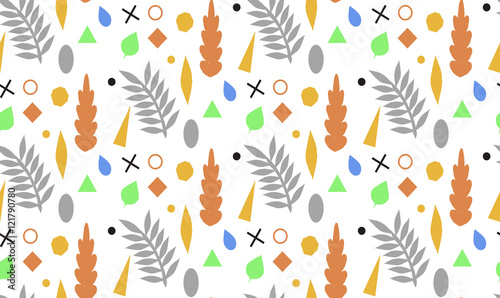 Autumn seamless pattern with leaves and geometric shapes. Vector background in orange and white colors. Can be used for wallpaper, pattern fills, surface textures, fabric prints.