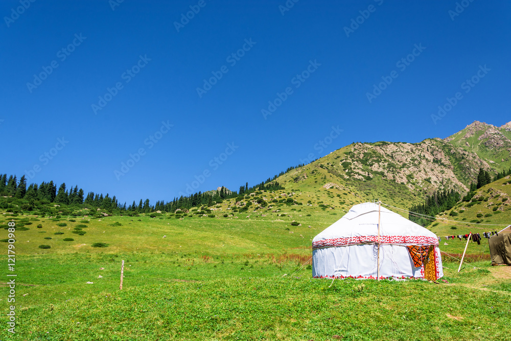 White Yurt in the mountains of Kyrgyzstan.