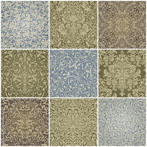 Set of 9 Seamless background of blue, green, brown color in the style of Damascus
